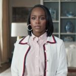 Catherine’s white striped trim cardigan on Grosse Pointe Garden Society