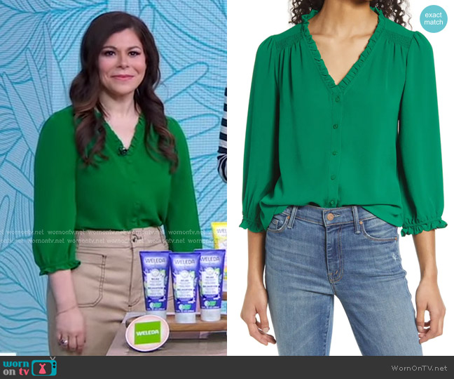 Cece Ruffle V-Neck Blouse worn by Kate Sandoval on Good Morning America