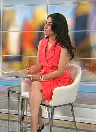 Celine Gounder’s coral pink sleeveless dress on CBS Mornings