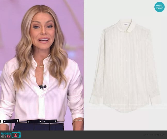 Celine Romy Shirt in Striped Silk worn by Kelly Ripa on Live with Kelly and Mark