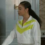 Chelsea’s white and lime green zip sweatshirt and skirt set on Beyond the Gates