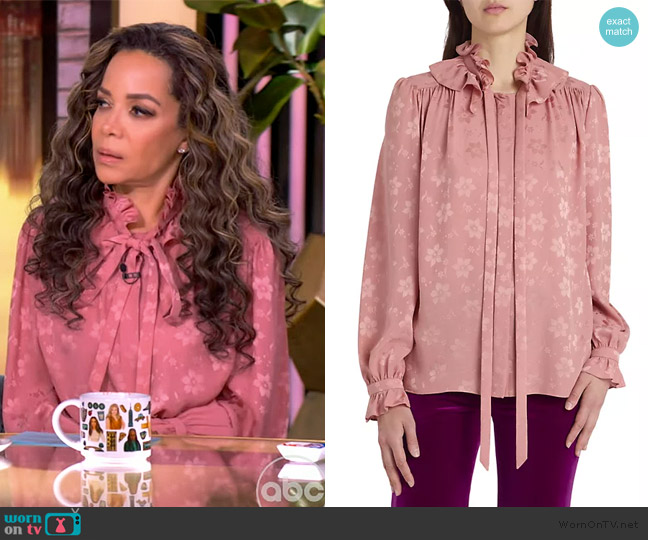 Chloe Ruffle Neck Floral Silk Jacquard Button-Up Shirt worn by Sunny Hostin on The View