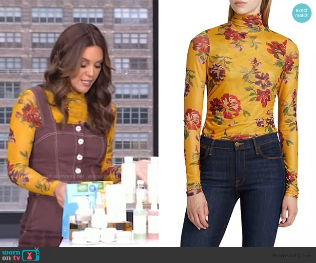 Cinq a Sept Bridgette Floral Shirred Mesh Turtleneck worn by Monica Mangin on Live with Kelly and Mark