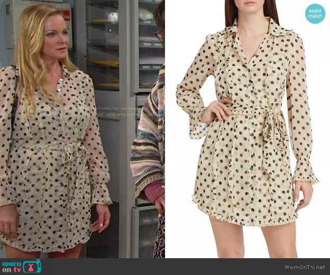 Cinq a Sept Estelle Polka Dot Dress in Gardenia Black worn by Belle Brady (Martha Madison) on Days of our Lives