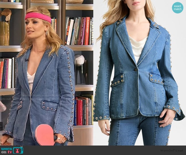 Cinq a Sept Milly Studded Denim Jacket worn by Beth Behrs on The Drew Barrymore Show