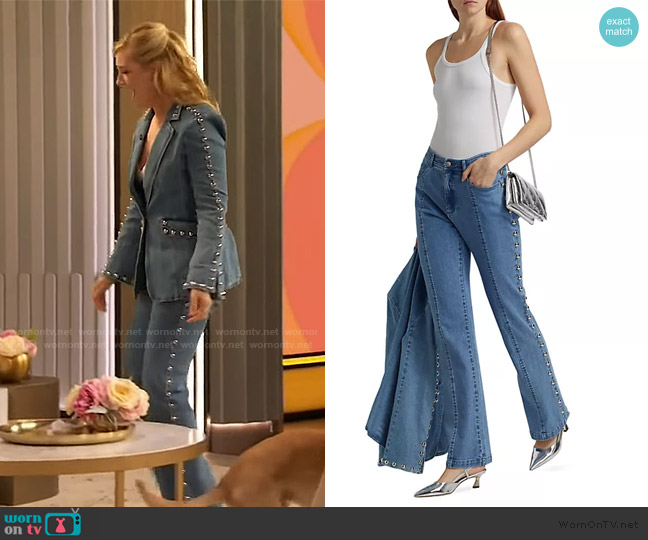 Cinq a Sept Shailene Studded Flare Jeans worn by Beth Behrs on The Drew Barrymore Show