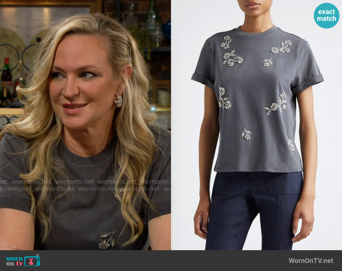 Cinq a Sept Bree Crystal Vine Detail Stretch Cotton T-Shirt worn by Sharon Newman (Sharon Case) on The Young and the Restless