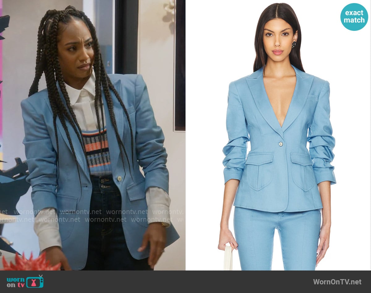 Cinq a Sept Louisa Jacket in Blissful Blue worn by Nina (Tetona Jackson) on Poppas House