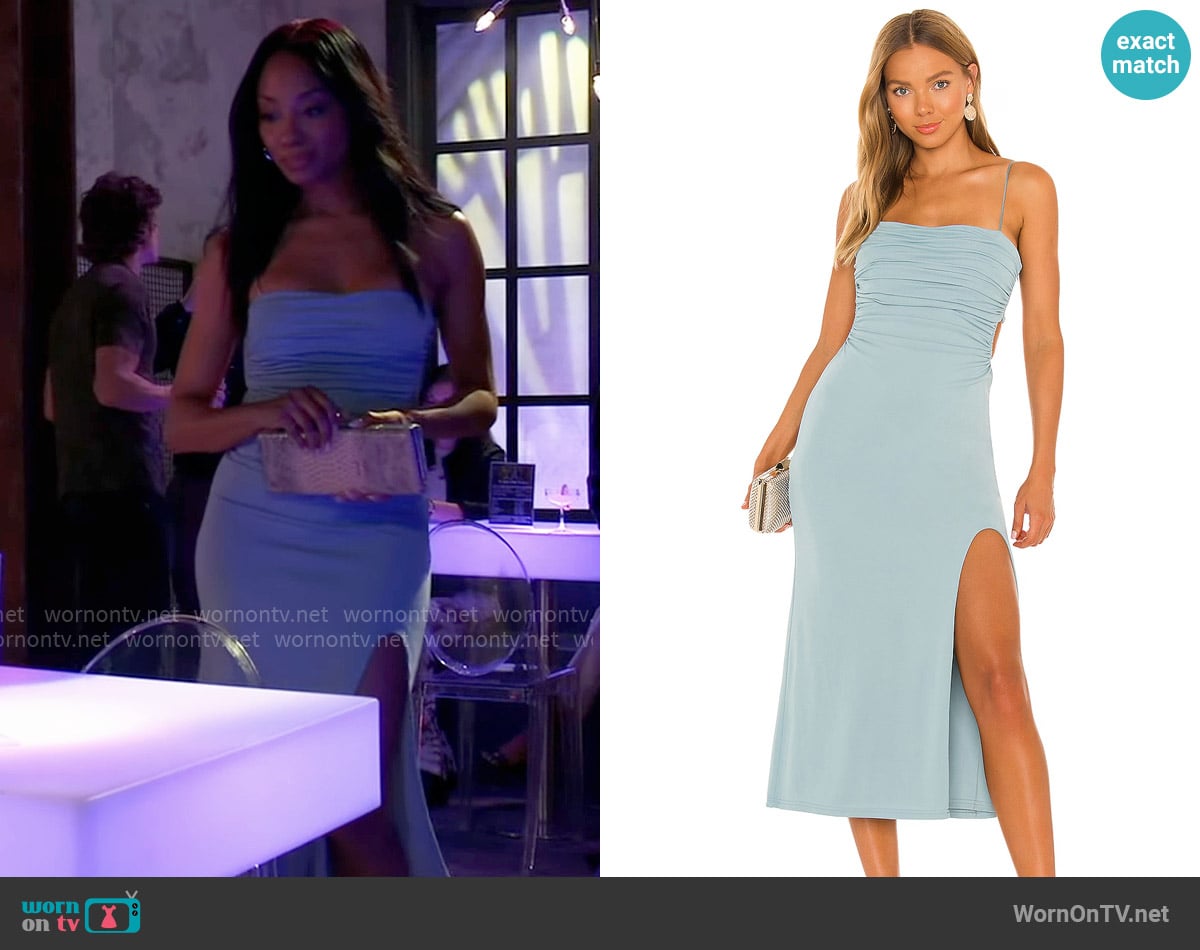 Cinq a Sept Mariah Midi Dress in Ocean Dew worn by Jordan Ashford (Tanisha Mariko Harper) on General Hospital