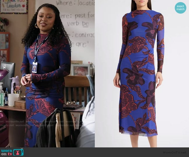 Cleobella Katya Floral Print Ruched Mesh Midi Dress worn by Janine Teagues (Quinta Brunson) on Abbott Elementary