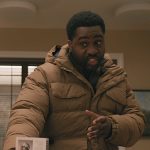 Russell’s brown padded jacket on Elsbeth