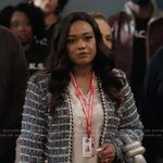 Crystal’s blue tweed jacket on Abbott Elementary