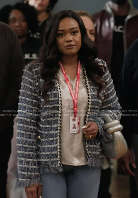Crystal’s blue tweed jacket on Abbott Elementary