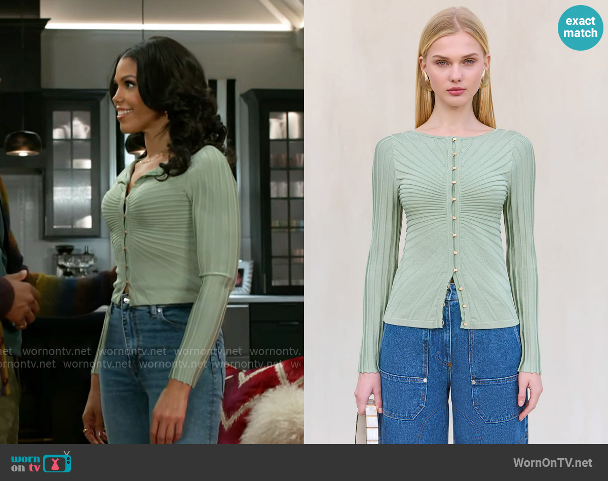 Cult Gaia Aine Cardigan in Maia worn by Dani Dupree (Karla Mosley) on Beyond the Gates
