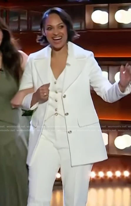 Cynthia’s white corduroy blazer and pants on The Kelly Clarkson Show