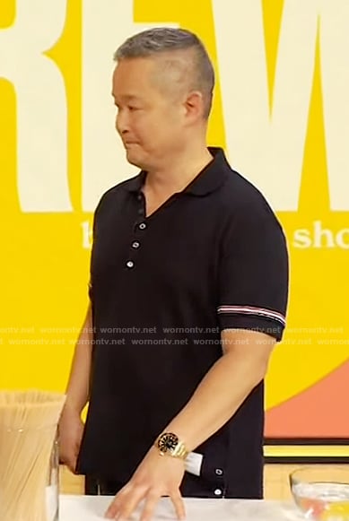 Danny’s black striped sleeve polo on The Drew Barrymore Show