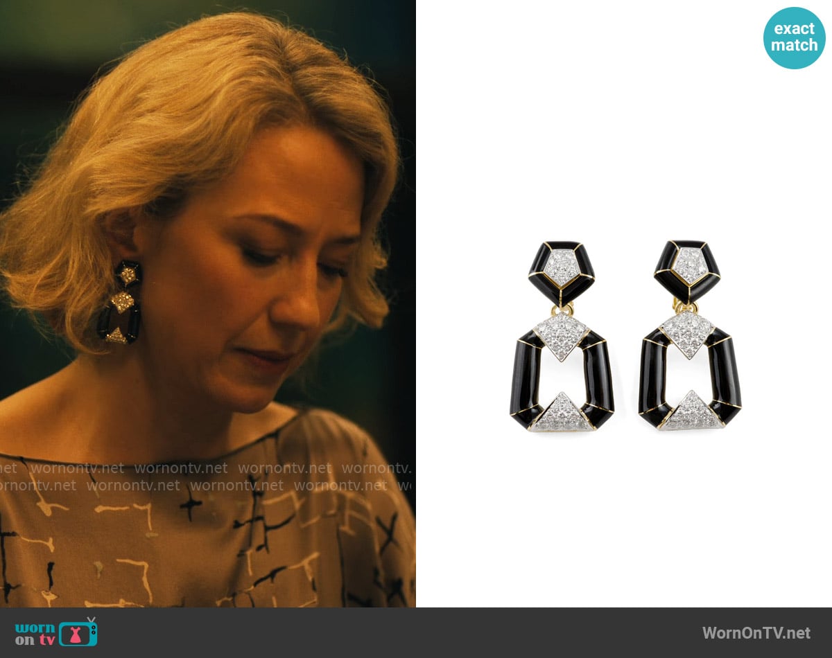 David Webb Pentagon Bamboo Earrings, Black Enamel worn by Laurie (Carrie Coon) on The White Lotus