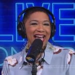 Deja Vu’s blue floral print shirtdress on Live with Kelly and Mark