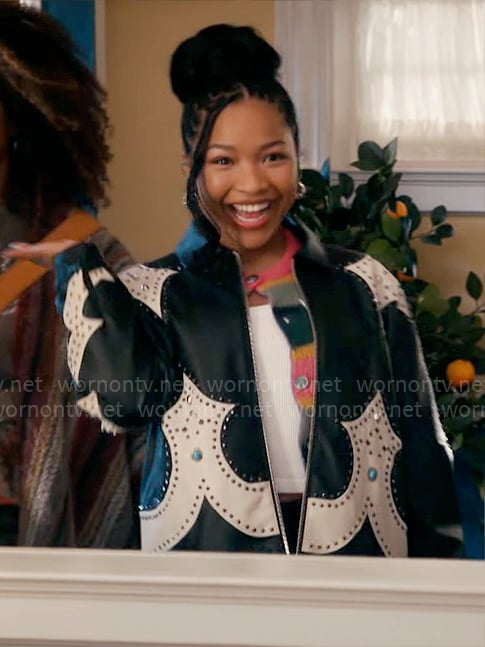 Delilah’s black and white studded leather jacket on The Equalizer