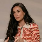 Demi Moore’s stripe crochet knit jacket on Access Hollywood