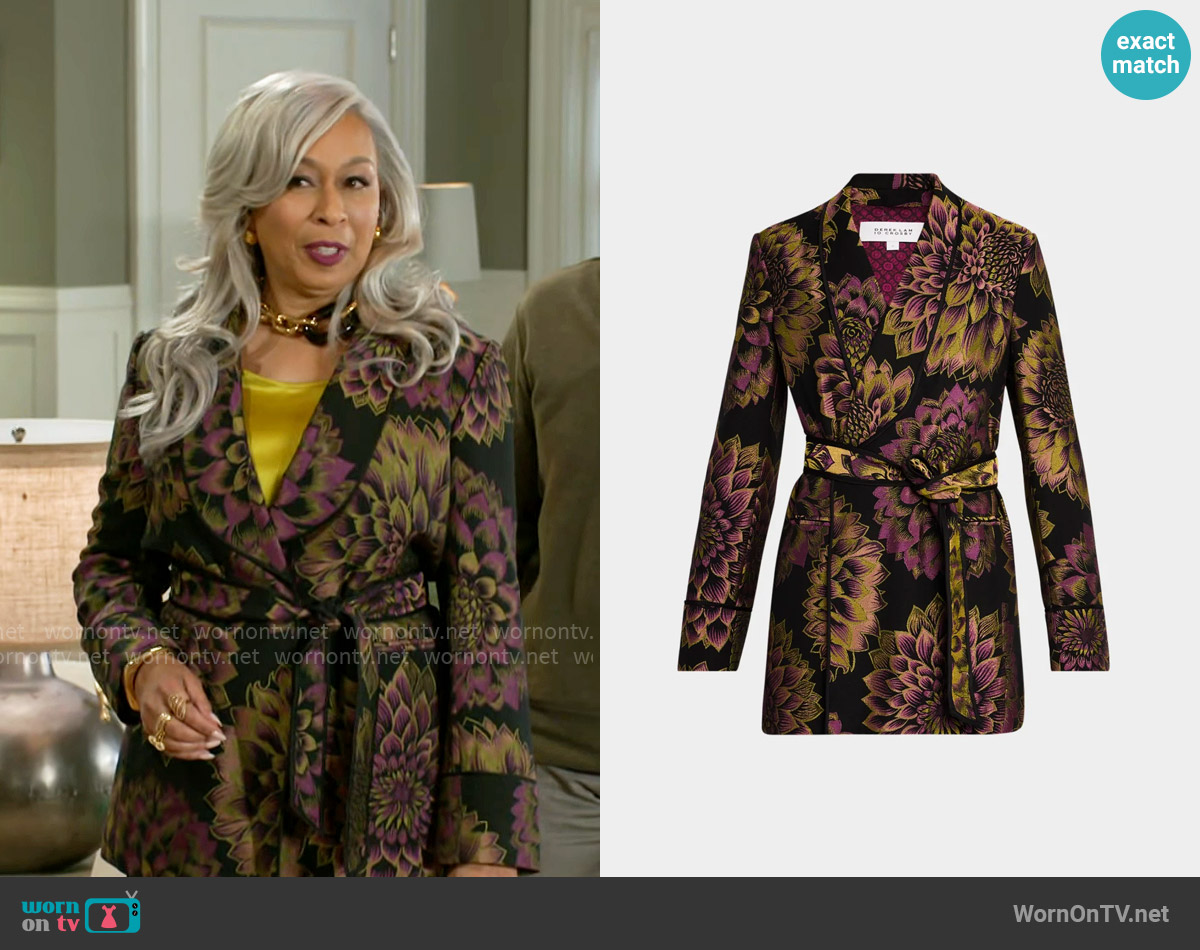 Derek Lam 10 Crosby Orville Floral Jacquard Belted Smoking Jacket worn by Anita Dupree (Tamara Tunie) on Beyond the Gates