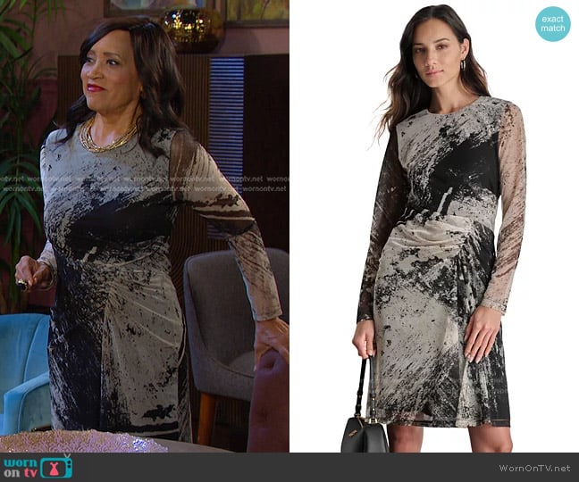 DKNY Printed Long-Sleeve Side-Ruched Dress worn by Paulina Price (Jackée Harry) on Days of our Lives