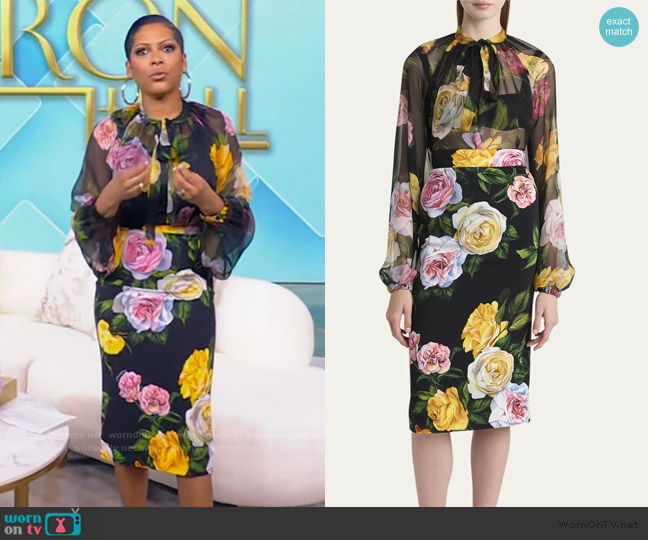 Dolce & Gabbana Rose Tie-Neck Chiffon Cropped Blouse worn by Tamron Hall on Tamron Hall Show