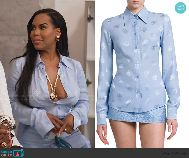 Dolce & Gabbana Monogram Silk Blouse worn by Kelli Ferrell on The Real Housewives of Atlanta