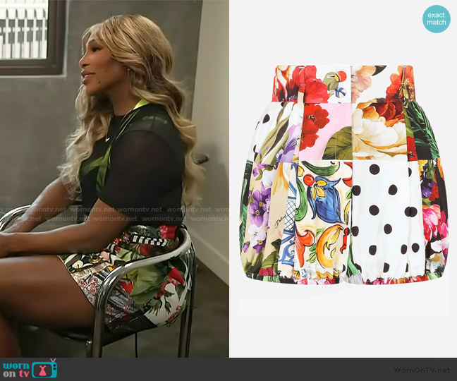 Dolce and Gabbana Patchwork High Waisted Shorts worn by Serena Williams on Access Hollywood