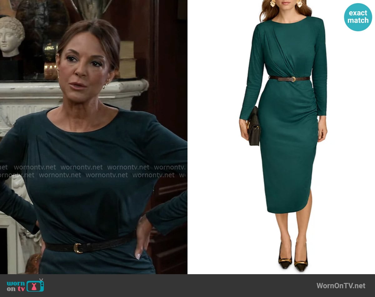 Donna Karan Faux Suede Sheath Dress in Spruce worn by Natalia (Eva LaRue) on General Hospital
