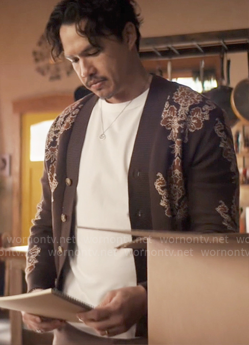 Doug’s brown printed cardigan on Grosse Pointe Garden Society