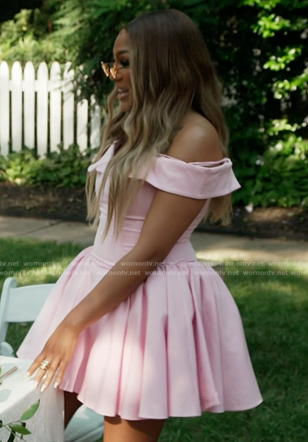 Drew’s pink off shoulder mini dress on The Real Housewives of Atlanta