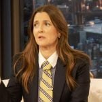 Drew’s navy blazer and striped tie on The Drew Barrymore Show