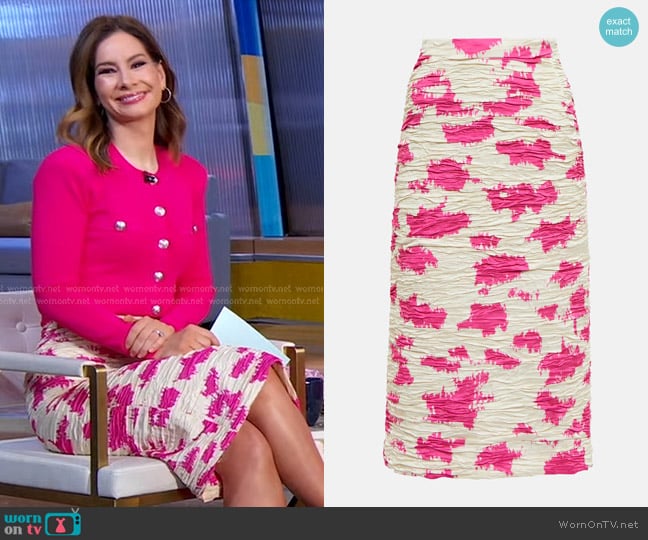 Dries van Noten Printed Pleated Pencil Skirt worn by Rebecca Jarvis on Good Morning America