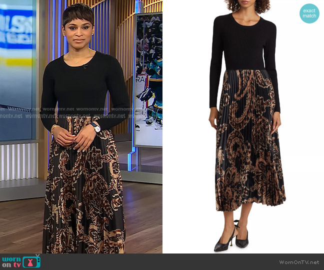 Elie Tahari Mave Midi-Dress in Noir And Mythical Paisley worn by Jericka Duncan on CBS Evening News