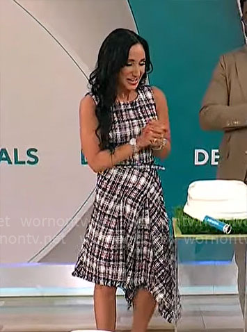 Elizabeth Werner’s plaid tweed asymmetric dress on CBS Mornings