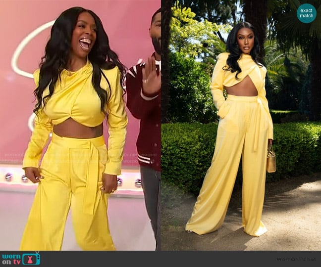 Ellae Lisque Canary Chic Yellow Satin Two-Piece Set worn by Tasha Smith on Sherri