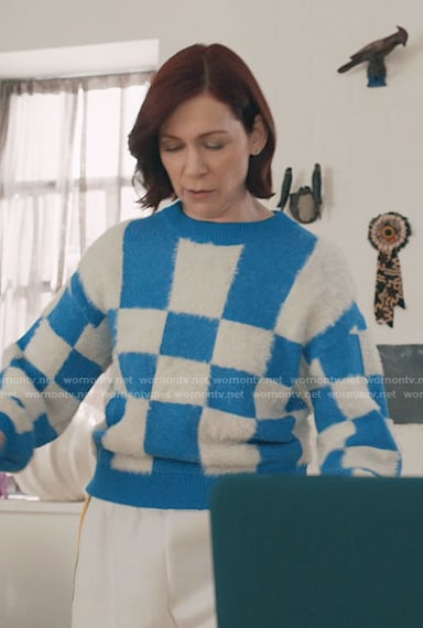 Elsbeth’s blue check sweater on Elsbeth