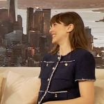 Elizabeth Olsen’s blue tweed cardigan and pants on The Drew Barrymore Show