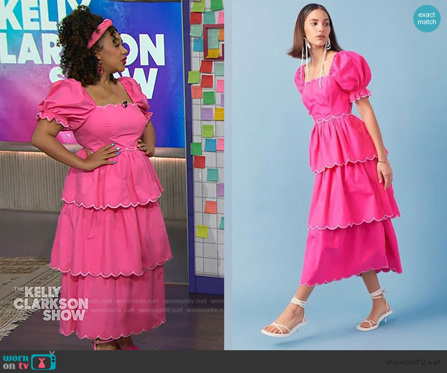 English Factory Pink Scallop Tiered Cotton Dress worn by Courtney Quinn on The Kelly Clarkson Show
