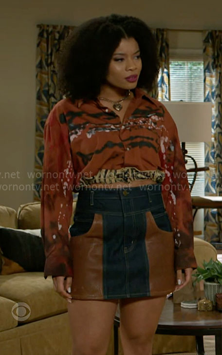 Eva’s denim and leather skirt on Beyond the Gates