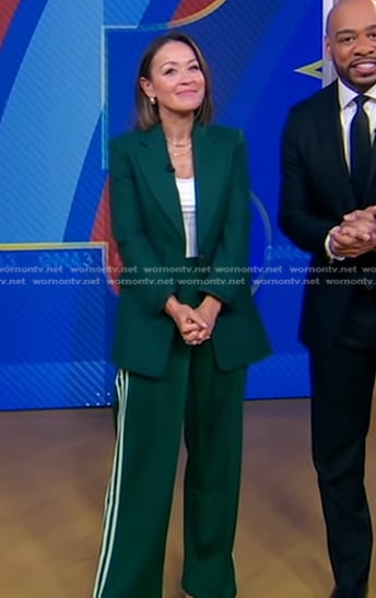 Eva’s green blazer and side stripe pants on Good Morning America