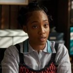Faith’s blue striped collar shirt and red knit sweater top on Will Trent