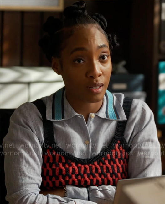 Faith’s blue striped collar shirt and red knit sweater top on Will Trent