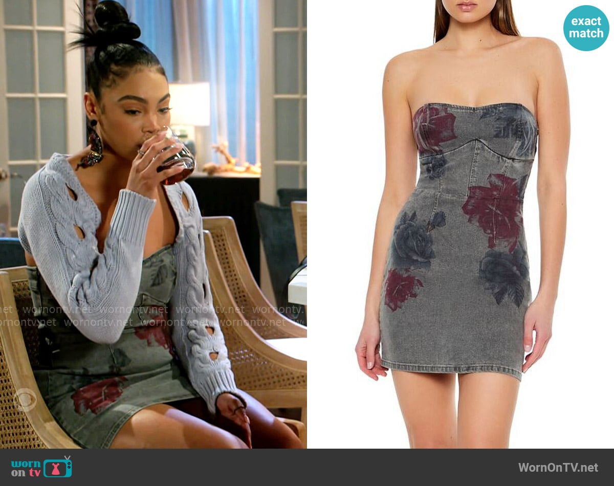 Forever 21 Floral Denim Mini Tube Dress worn by Chelsea Hamilton (RhonniRose Mantilla) on Beyond the Gates