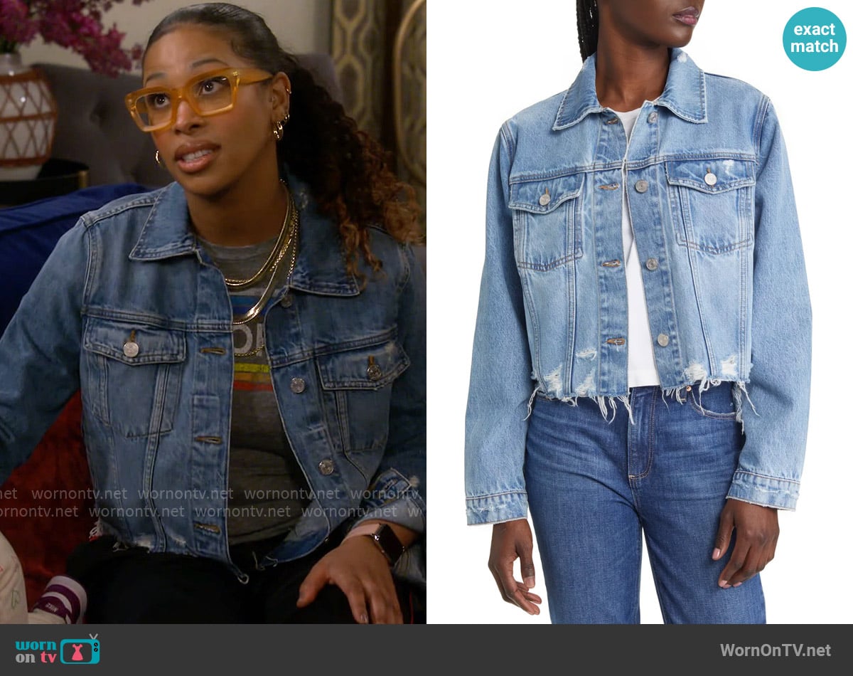 Frame Ripped Distressed Denim Trucker Jacket in Rossum 2Year Rips worn by Courtney (Skye Townsend) on The Neighborhood
