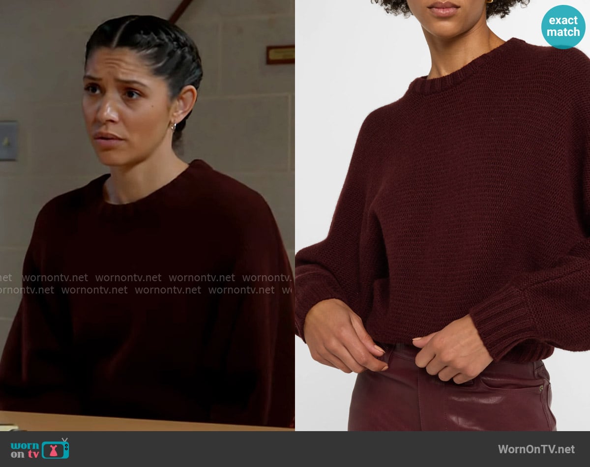 Frame Dolman Crew Sweater in Burgundy worn by Stella Kidd (Miranda Rae Mayo) on Chicago Fire
