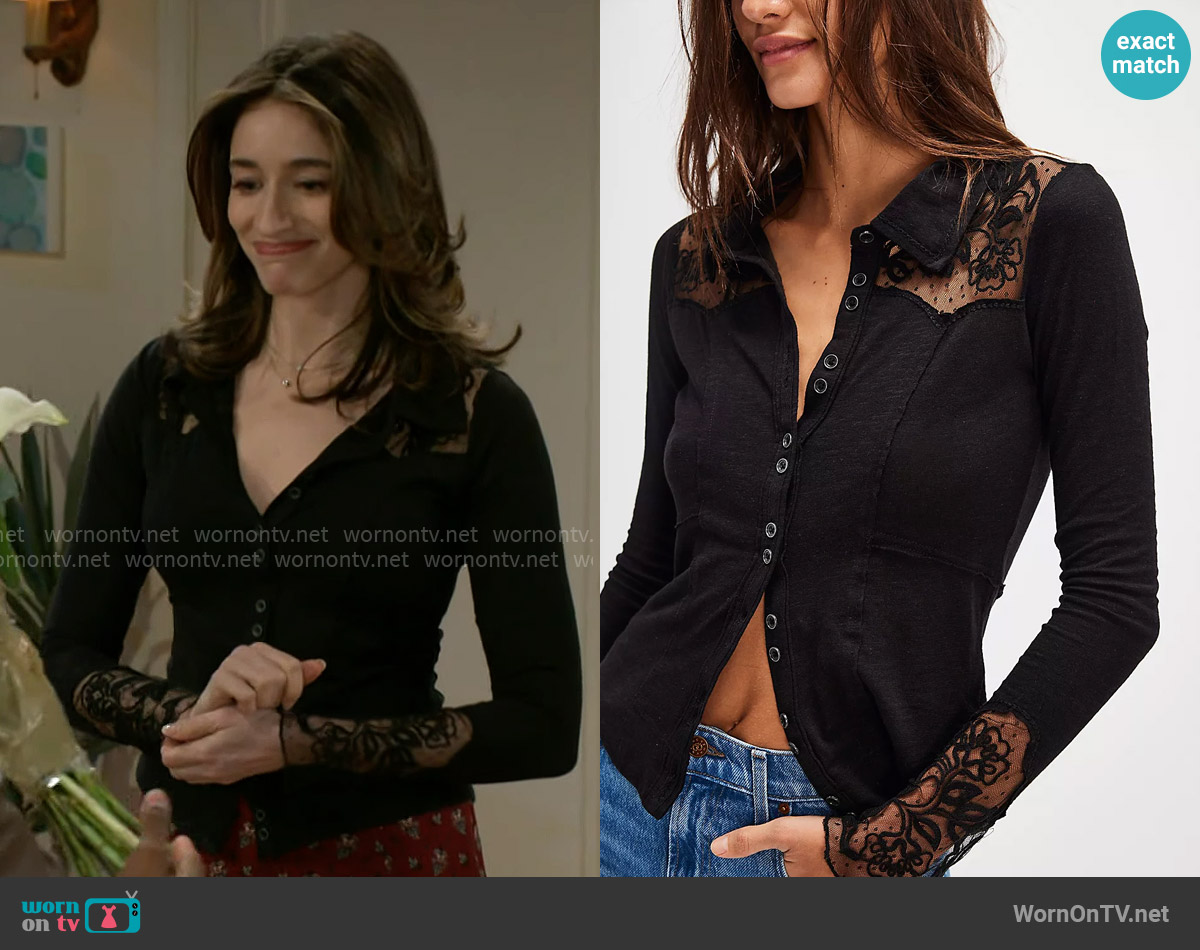Free People Rosebud Cuff Top in Black worn by Ashley Morgan (Jen Jacob) on Beyond the Gates