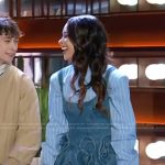 Gabrielle Nevaeh’s blue denim mini dress and striped blouse on The Kelly Clarkson Show