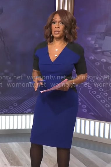 Gayle King’s blue and black colorblock dress on CBS Mornings